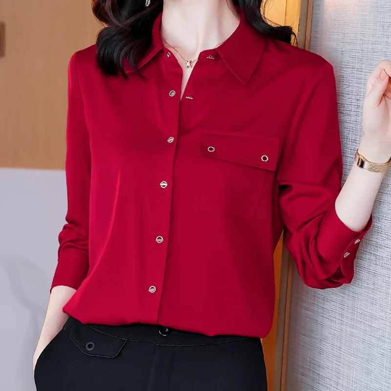 

Satin Loose Women's Blouse New Fashion Solid Color Polo Shirt Spring Casual Long Sleeve Top Houthion