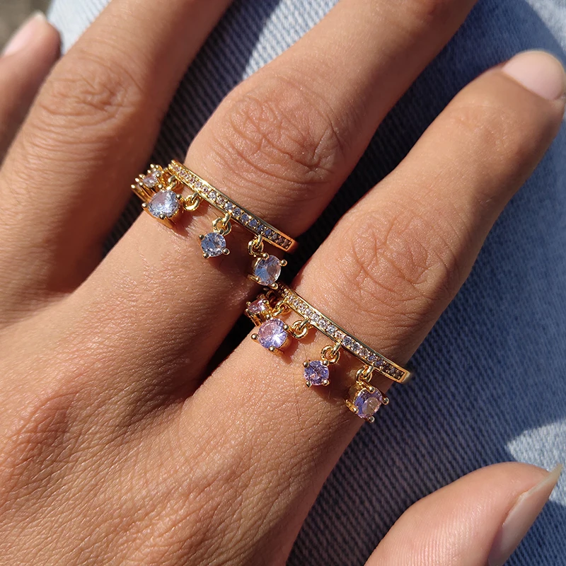 

Trendy Cubic Zirconia Rings Tassel Design Pink Color Ring For Women Romance Hot Sale Party Birthday Jewelry Gifts