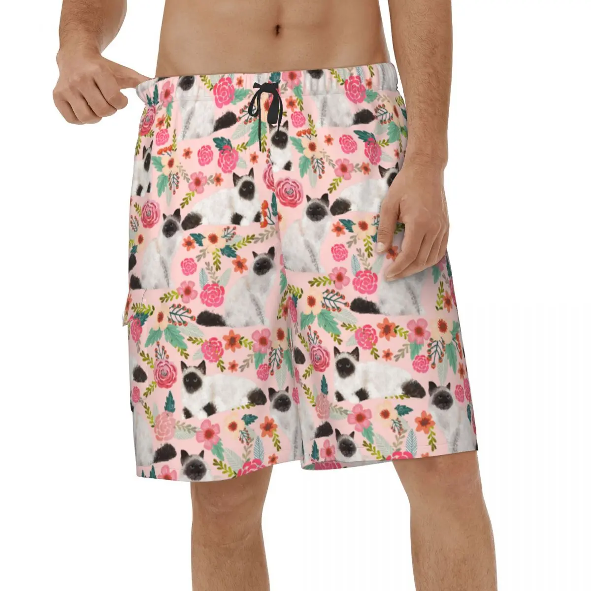 

Casual Birman Cat Vintage Florals Pink Men Beach Shorts Running Swimwear Surf Animal Short Pants Male Quick Dry Short Pants