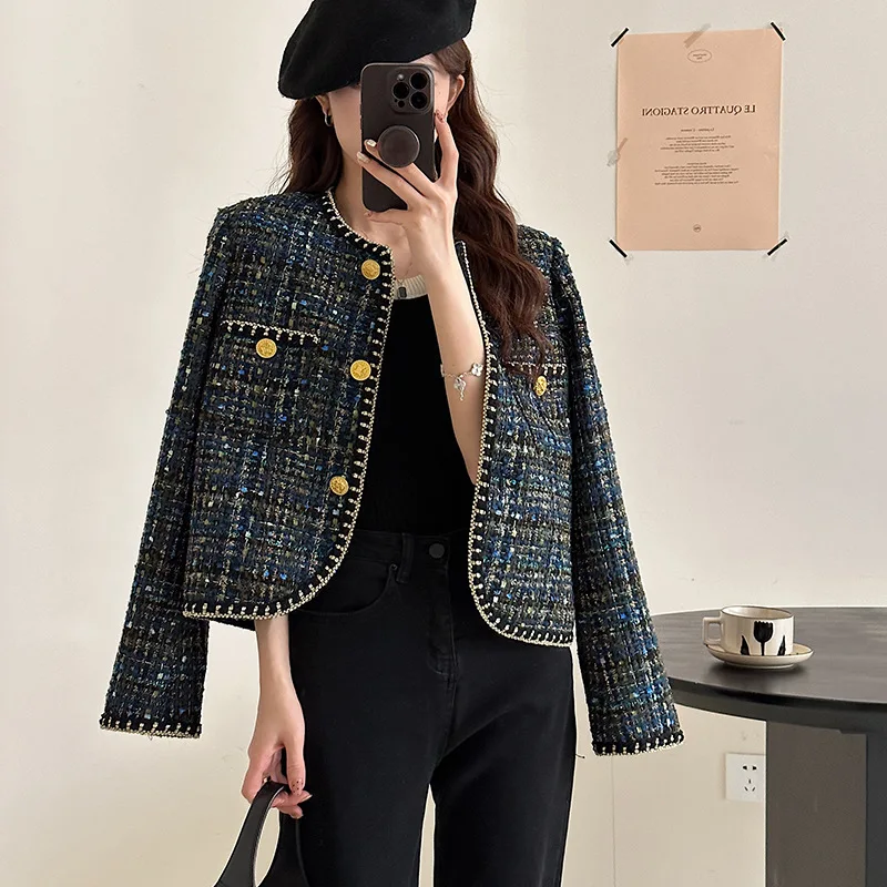 

[Original] Blue plaid wool small fragrant style jacket for women in early autumn, socialite style coarse tweed woven woolen top