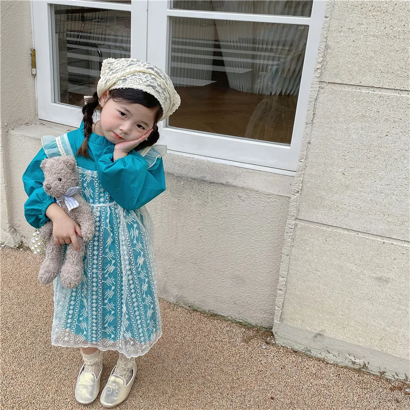 

Children Clothes 2022 Spring Autumn Korea Girls Dress Lace Two Pieces Knee Length Lolita Style Puff Sleeve Flower Girl Dresses