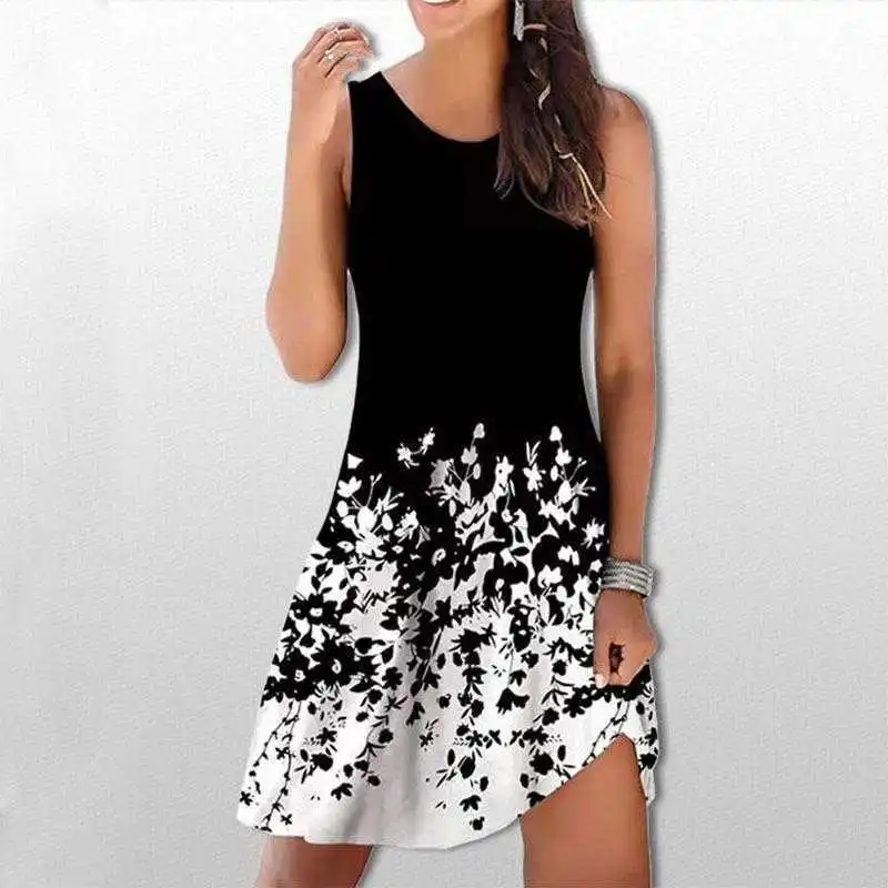 

Womens Dress Sweet Style Round Neck Sleeveless Floral Skirt