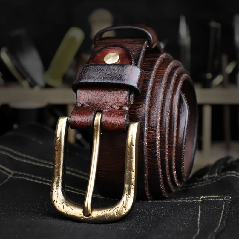 Vintage Genuine Leather Belt Men Handmade Cow Leather Pin Buckle Belts Wide 3.8cm Belt Jeans Cowboy