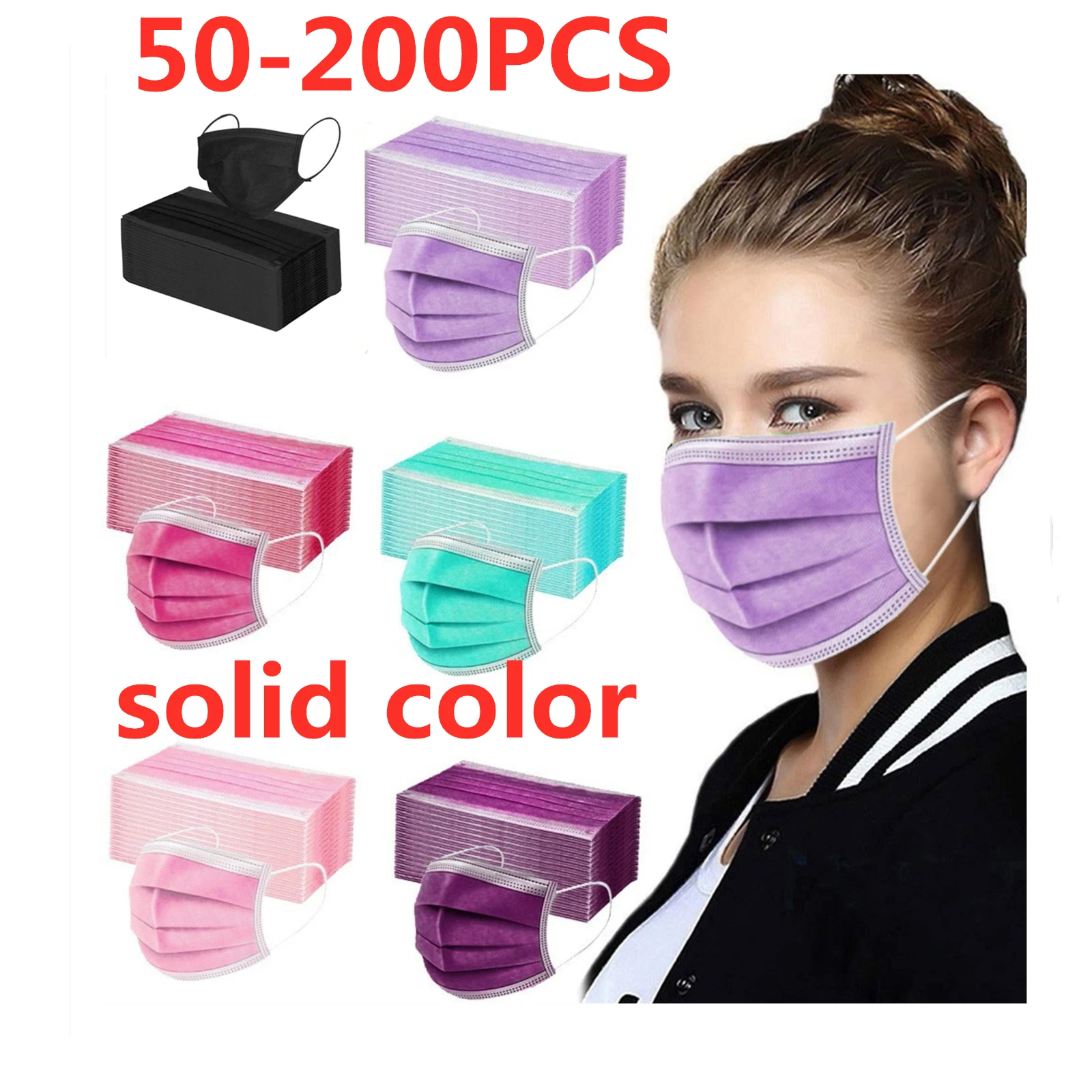 

50-200pcs Women Man Solid Masks Disposable Face Mask 3ply Earloop Mouth Masks Halloween Cosplay Anti-pm2.5 Mascarillas Masques