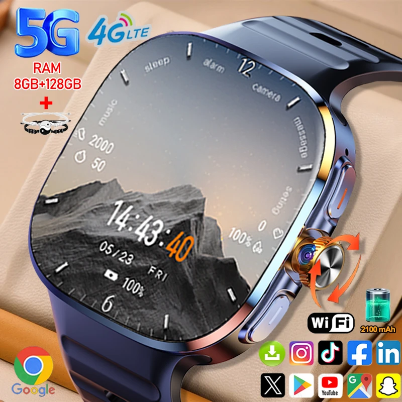Фото Полносетевые умные часы 5G/4G, 2,40 дюйма, большой экран, HD-видеозвонок, 8 ГБ + 128 ГБ ОЗУ, 2100 мАч, Google Play, WIFI, GPS, SIM-карта, умные часы №1