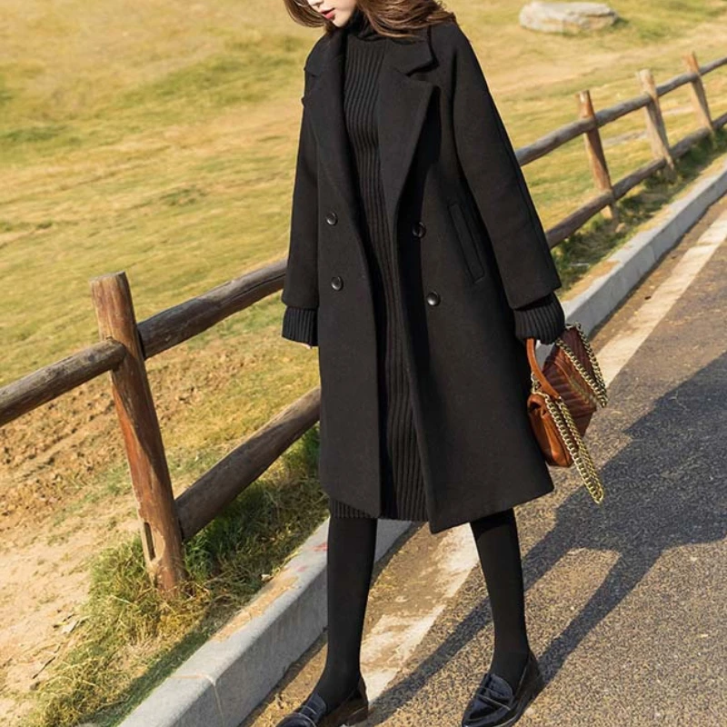 

2021 New Fashion Autumn Winter Hepburn Style Korean Jacket Female Windbreaker Ins Women's Middle Long Thickened Slim Tweed Coats