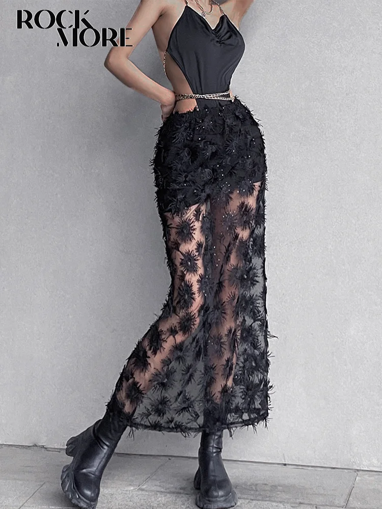 

Rockmore Feather Mesh Party Maxi Skirts Sexy See Through Clubwear Chic Black Baggy Straight Skirts femme Clothing Fairy Grunge