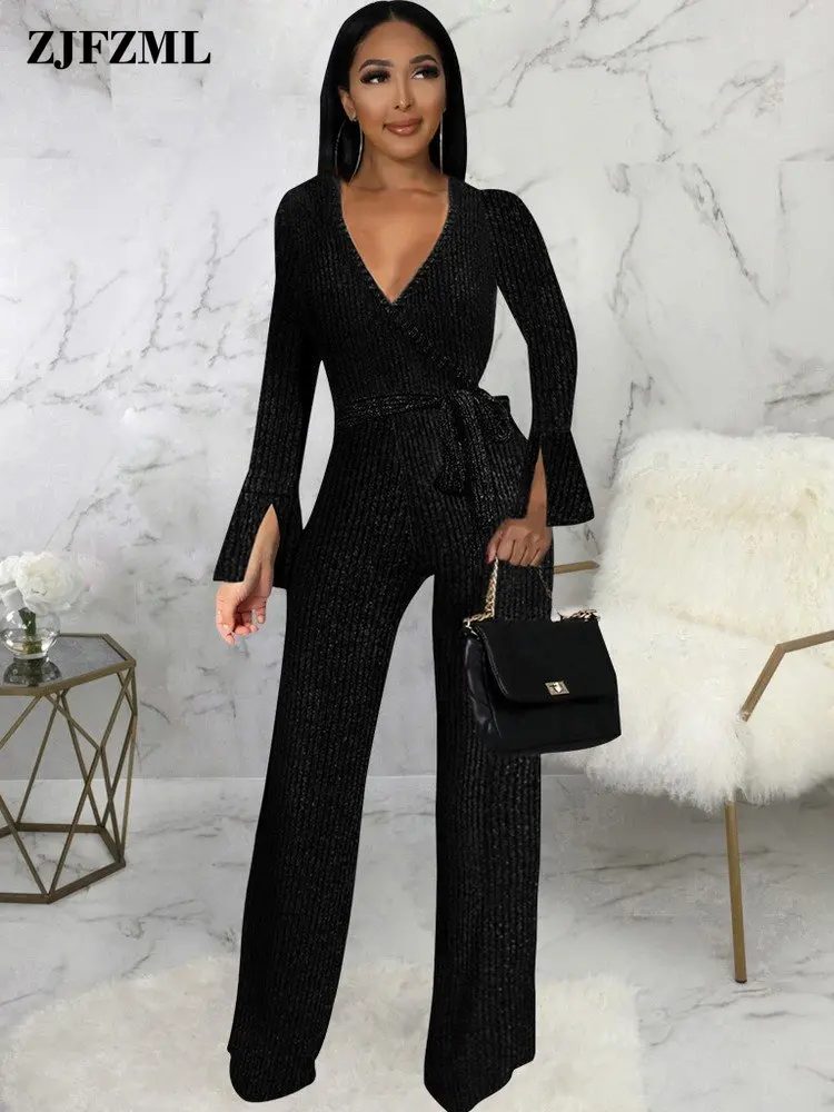 

Женский цельный комбинезон с V-образным вырезом, длинным рукавом и высокой талией