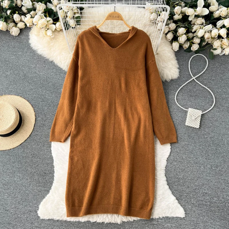 

Hikigawa Chic Fashion Women Casual Loose Hooded Dresses Early Autumn Solid Vintage Elegant Long Sleeve Vestidos Mujer Streetwear