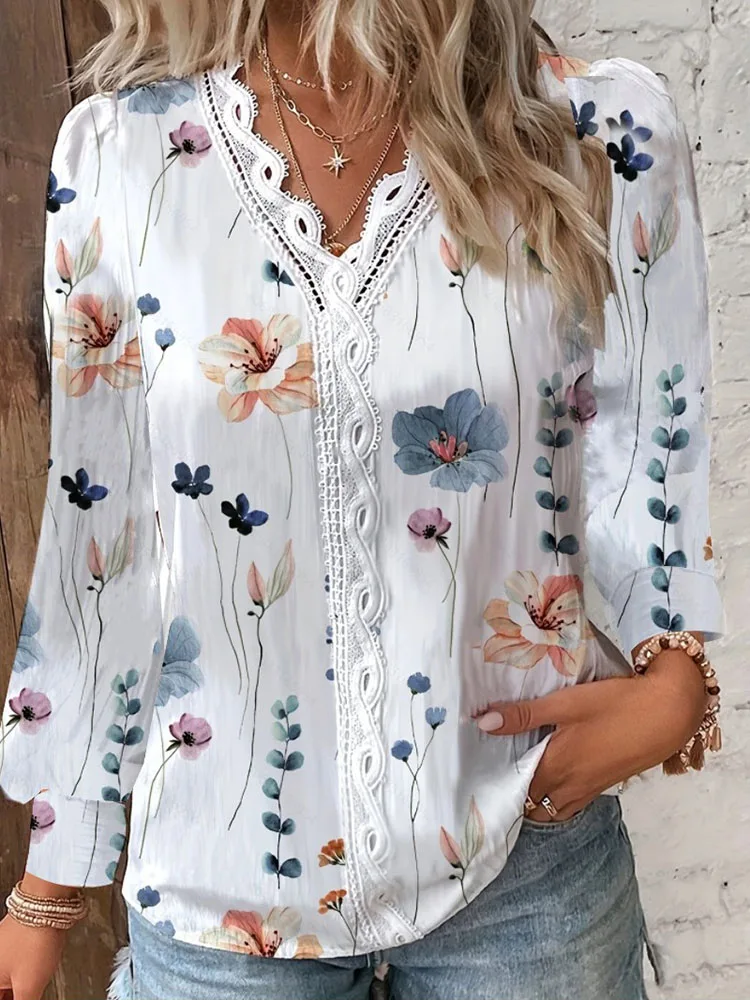 

Women's White Blouses Lace Stitching V-neck Simple Chiffon Shirt Fall Long Sleeve Pullover Loose Top Elegant Street Blous Women