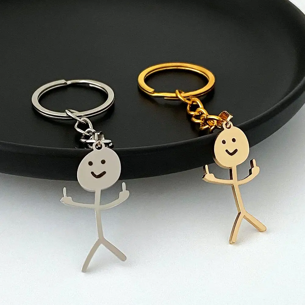 

2022 Funny Middle Finger Stickman Keychain Cute Trend Titanium Steel School Bag Car Key Pendant Couple New Trinket Gift Keyrings