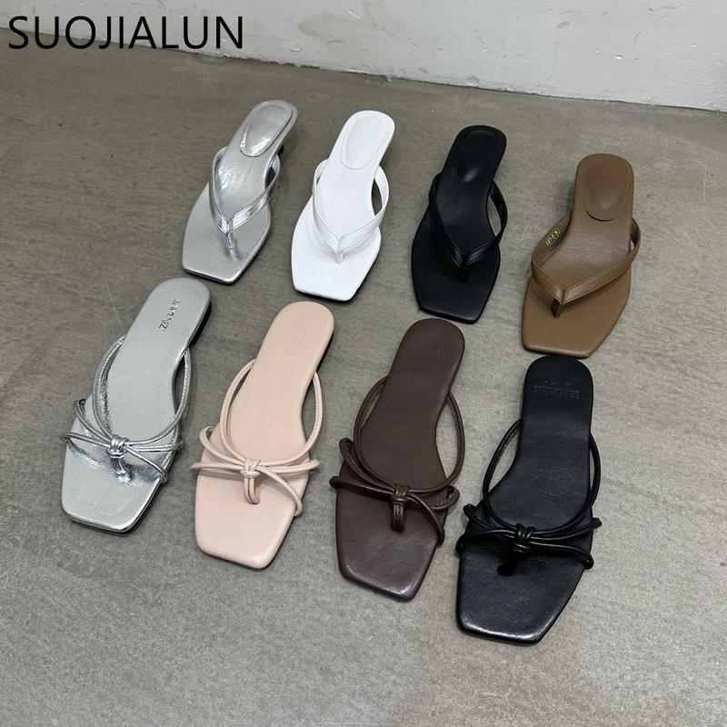 

SUOJIALUN 2023 Summer New Women Slipper Fashion Narrow Band Ladies Casual Slip On Flip Flop Low Heel Outdoor Beach Slides Shoes