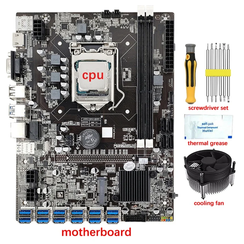 

Материнская плата B75 12 GPU BTC для майнинга + ЦП + вентилятор + термопаста + набор отверток 12 USB3.0 до PCIE1X слот LGA1155 DDR3 SATA3.0