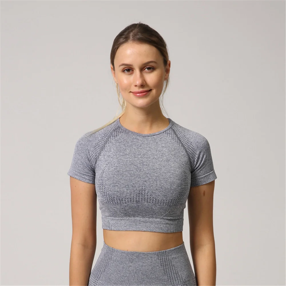 

Seamless Sport Set Women Pink Crop Top T Shirt Sport Shorts Yoga Sport suit Workout Active Outfit Fitness Gym Crop Top T-Shirts