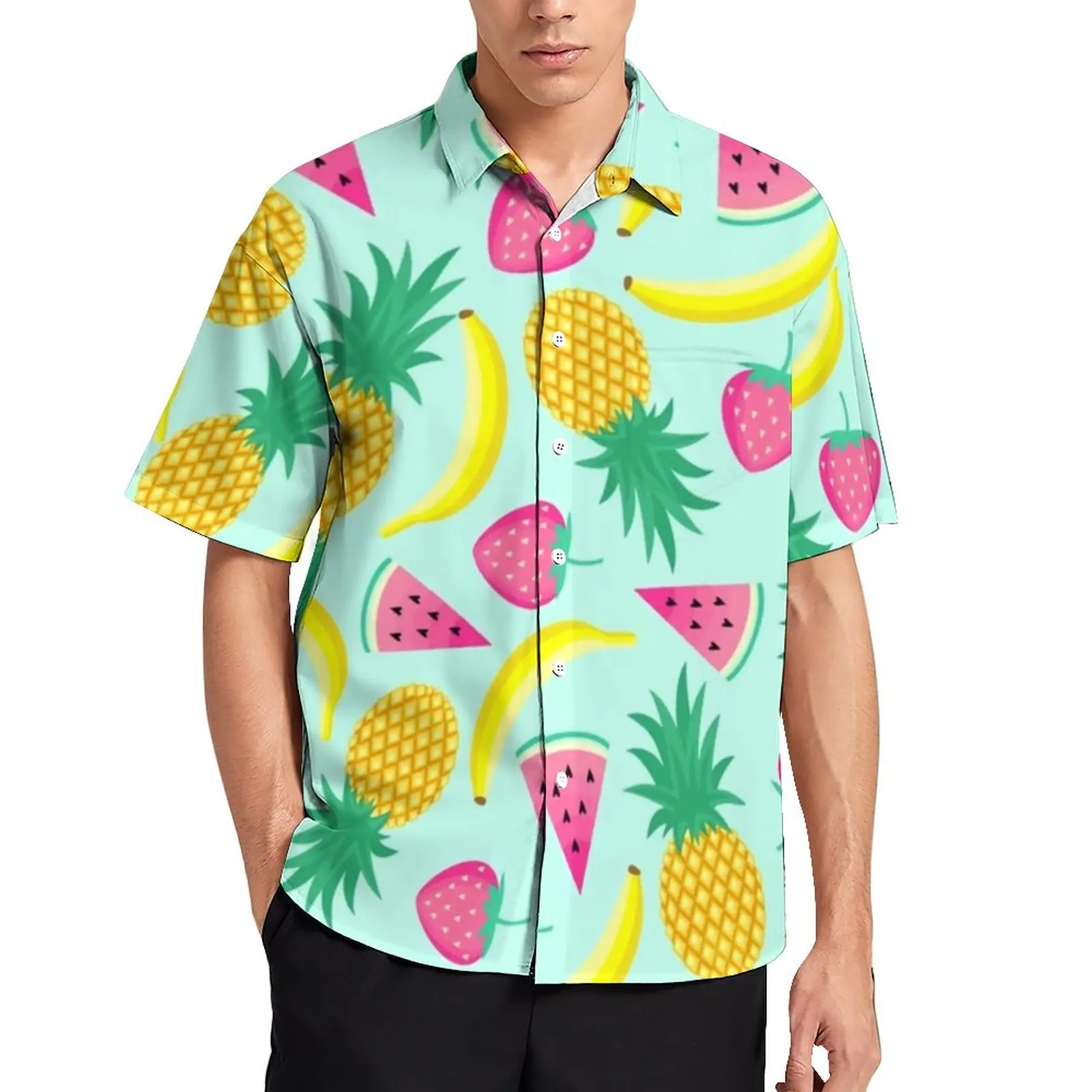 

Banana Pineapple Loose Shirt Man Vacation Funky Fruit Print Casual Shirts Hawaii Pattern Short-Sleeve Stylish Oversized Blouses