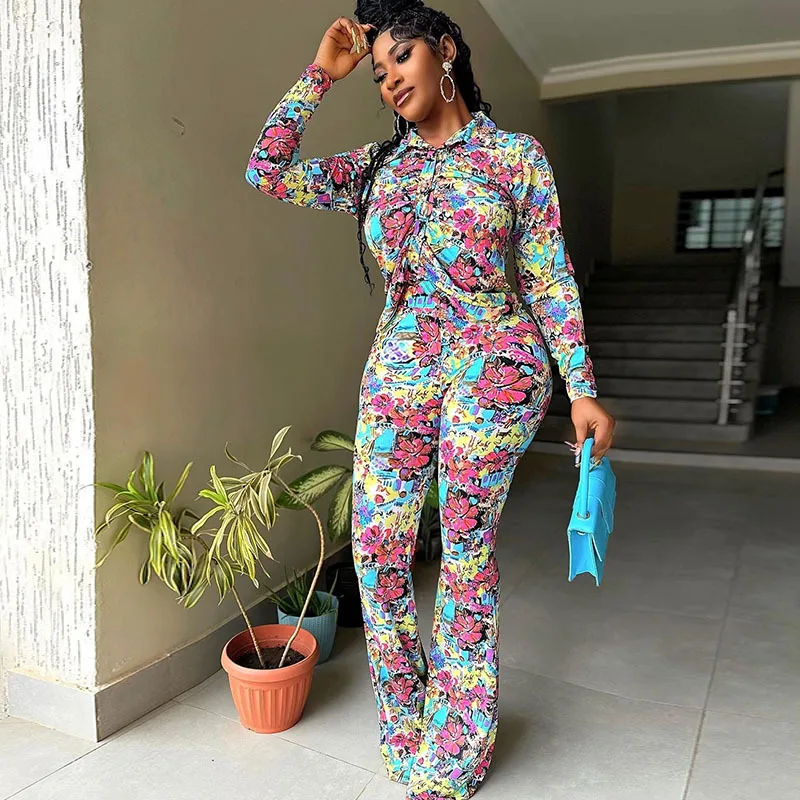 

Женский комплект из 2 предметов, блузка с длинным рукавом и цветочным принтом и брюки, модный костюм-футляр, весна-осень 2024