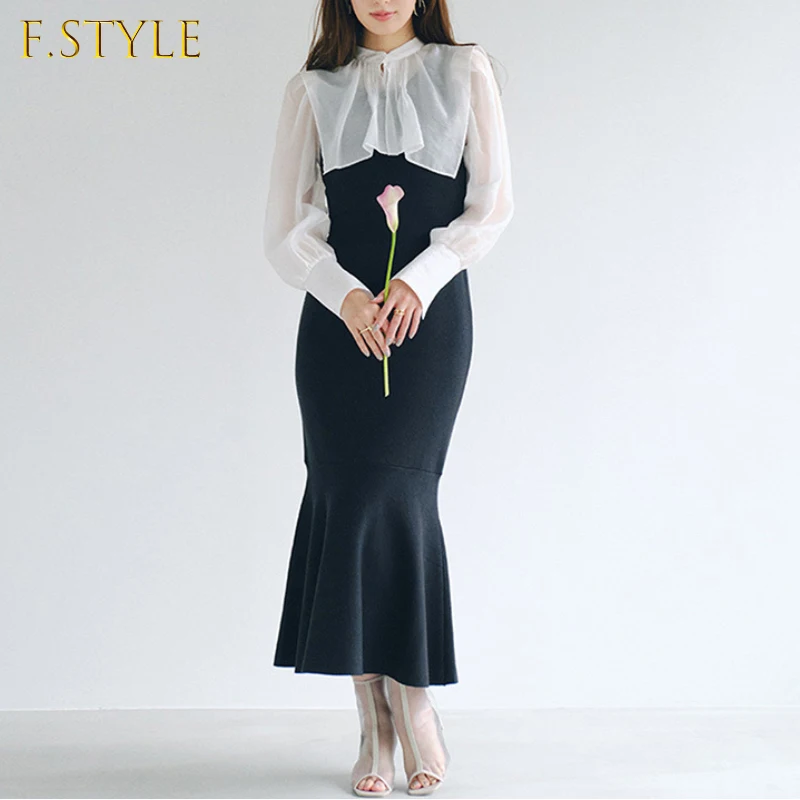 

Knitted Patchwork Trumpet Dress Women Stand Collar Long Sleeve Slim Waist Bodycon Dresses Casual Gentle Robe Femme