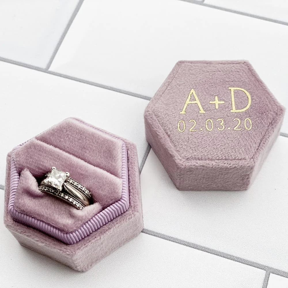 Hexagonal Velvet Ring Box Custom Single / Double Slot Engagement Bride Gift Ring Storage Box Wedding Supplies Collection Set
