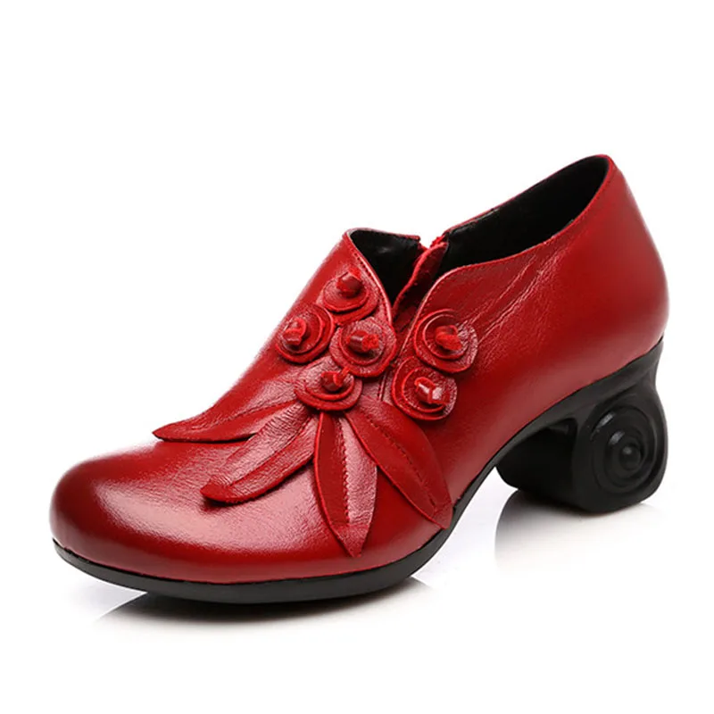 

2022 National Wind Women Shoes Genuine Leather High Heel Shoes Round Toe Thick Heel Shoes Business Work Shoes Women