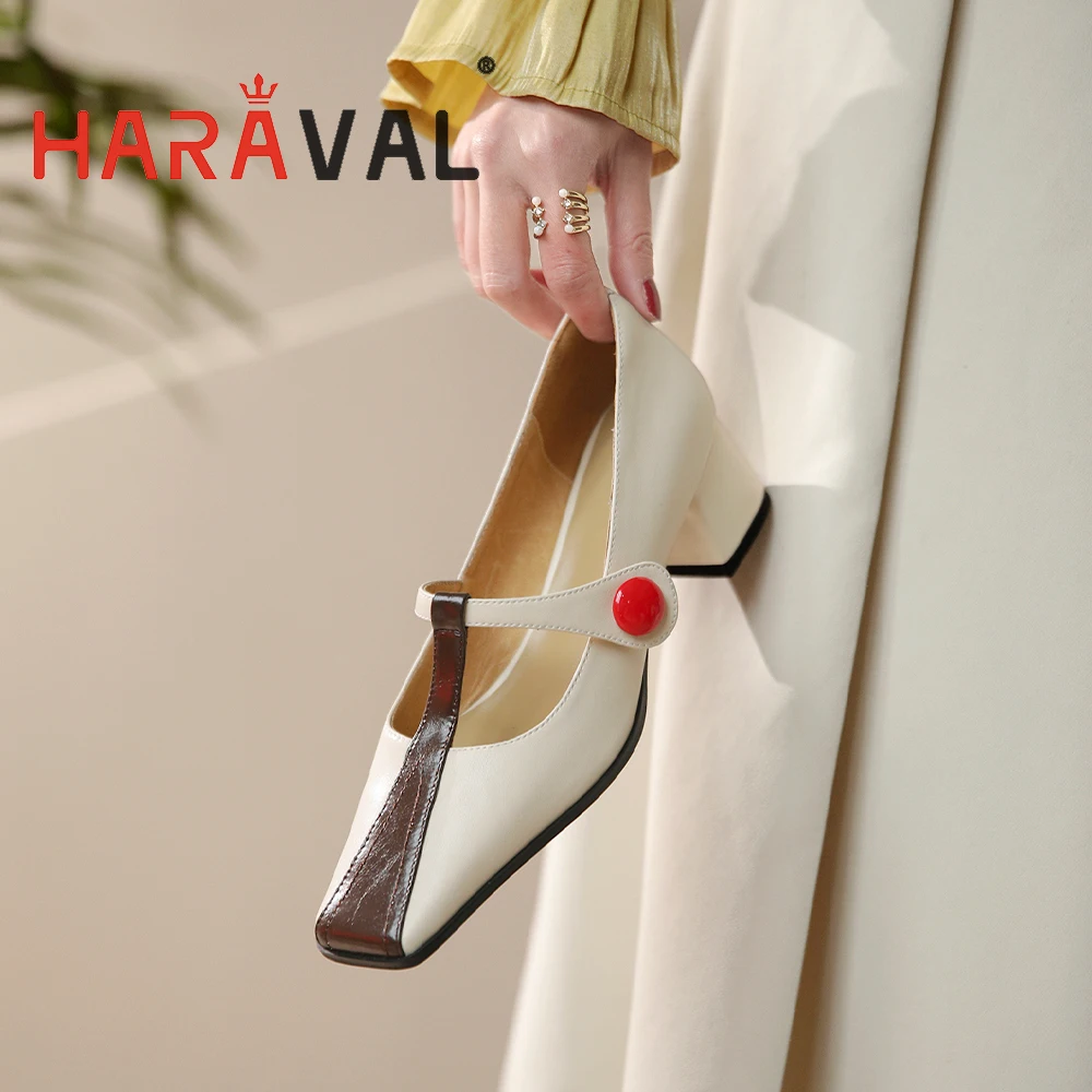 

HARAVAL Women Elegane Squared Toe Buckel Pumps 4.5CM Thick Heels T Strp Fashion Casual Shoes Microfiber Leather Footwear A339