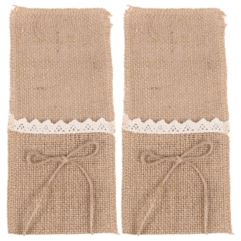 

40PCS Country Wedding Table Silverware Holder Natural Burlap Cutlery Pockets Fork Pockets Rustic Wedding Decoration