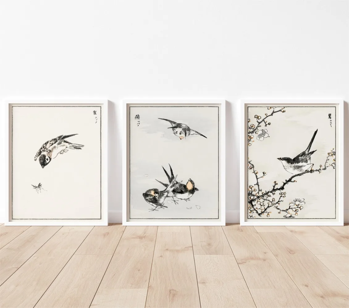 Минималистичные черно-белые плакаты ласточки на канве