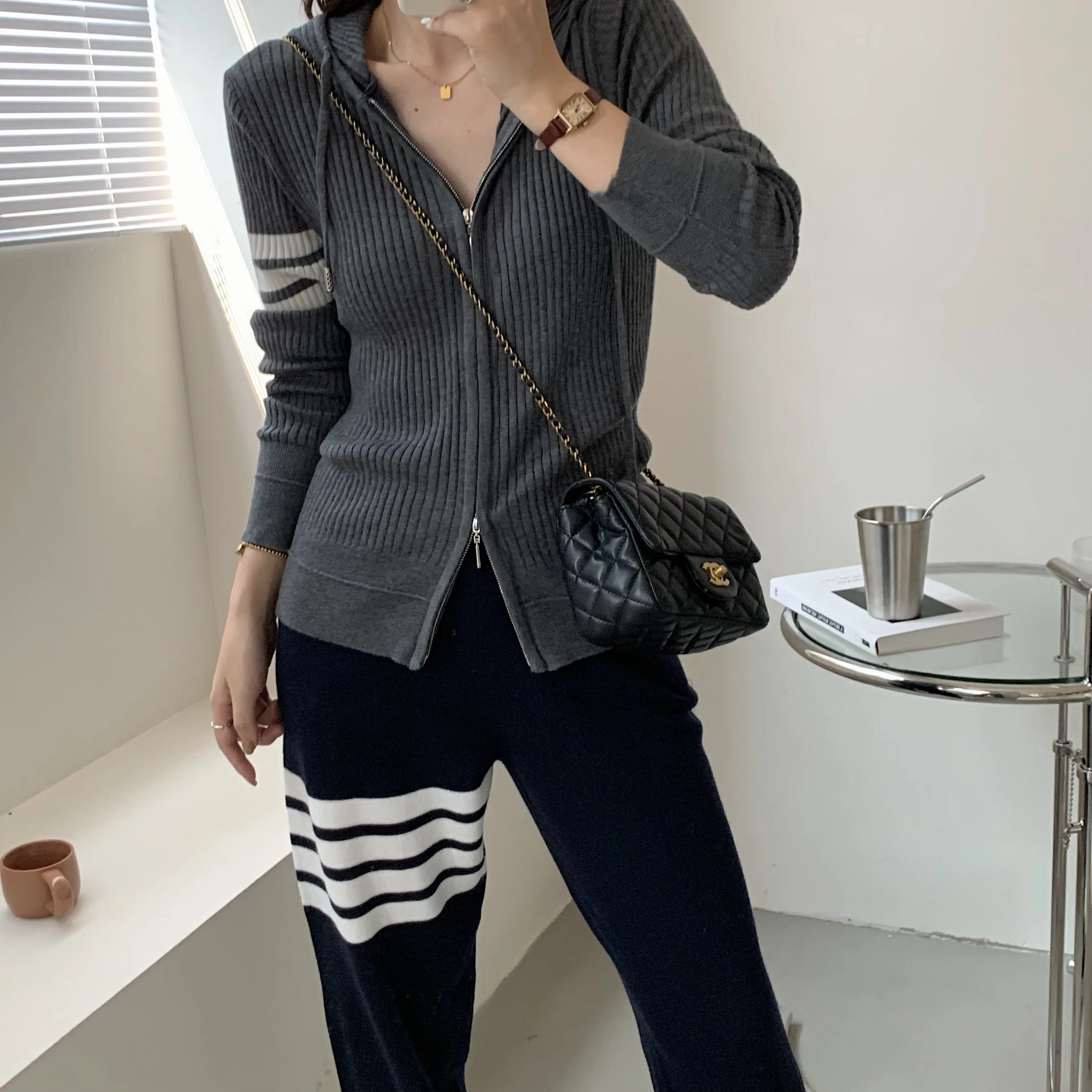 Korean Early Autumn TB Fashion Four Way Zipper Knitted Cardigan New Slim Slim Wool Thin Coat Hooded Top