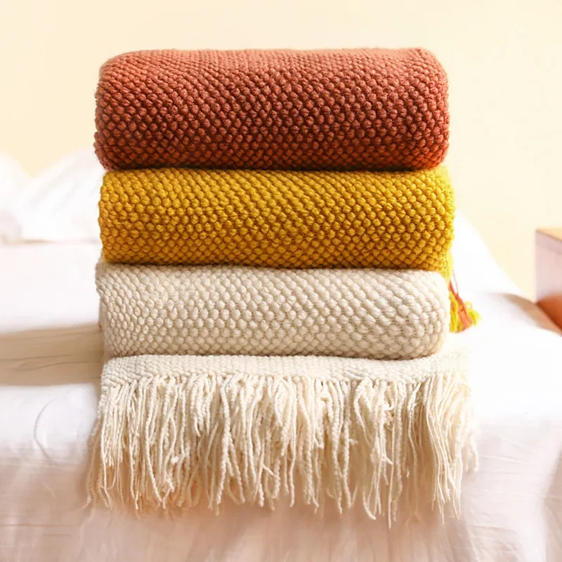 

City Corn Grain Waffle Embossed Knitted Blanket Home Decorative Thickened Winter Warm Tassels Throw Bedspread 130x240cm Kuromi O