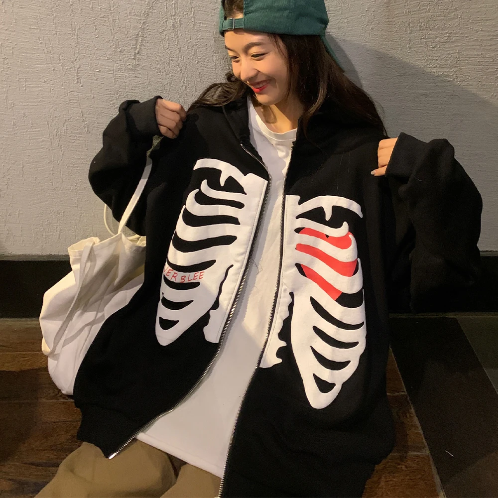 Skeleton Jackets Y2K Hoodies Gothic Black Zip Up Sweatshirts Female Retro Harajuku Hooded Jacket Women Streetwear Couple Top