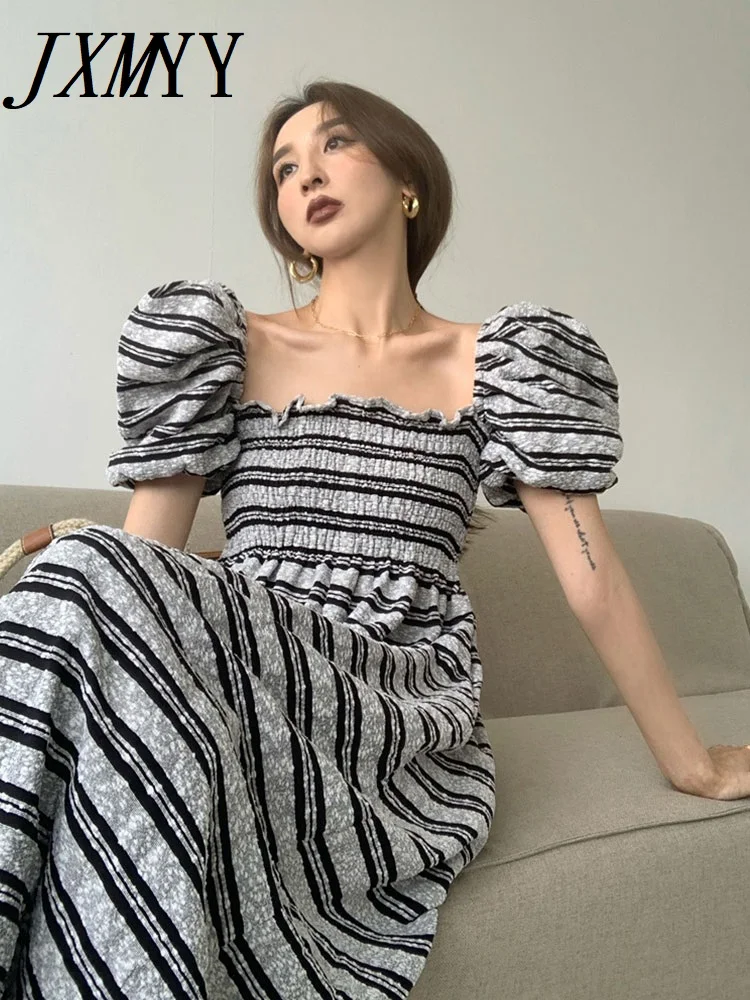 

JXMYY 2022 летний модный новый элегантный темпераментный ретро полосатый топ с пышными рукавами платье женская одежда