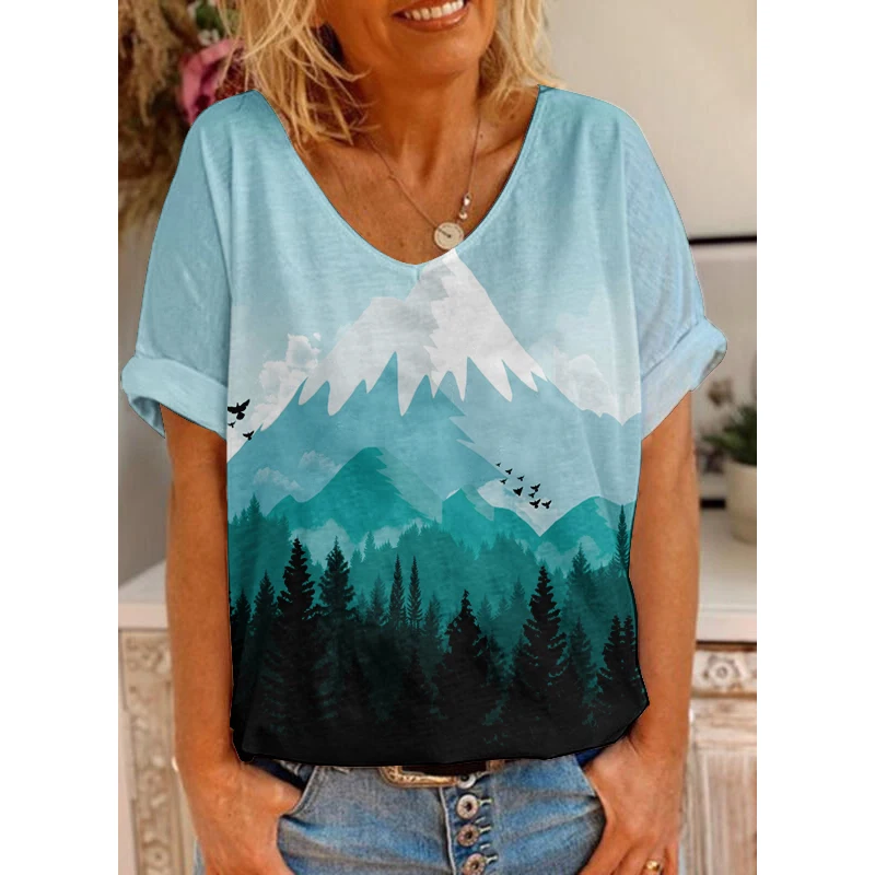 

Модная винтажная градиентная футболка с коротким рукавом, футболка с 3D принтом, пуловер с V-образным вырезом, Топ в стиле Харадзюку, базовая Повседневная Уличная футболка