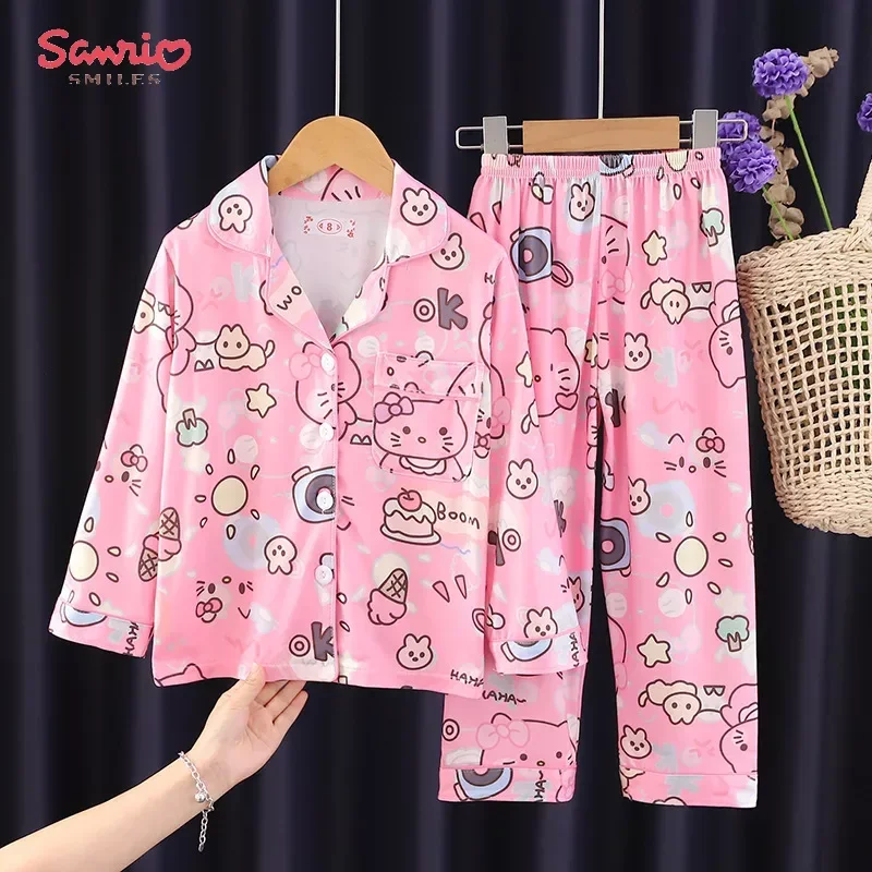 

Kawaii Sanrioed Cinnamoroll Kuromi Hello Kitty Children Milk Silk Pajamas Sets Boys Girls New Sleepwear Kids Homewear Clothes