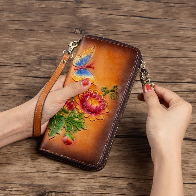 EUMOAN  Vintage Chinese style cowhide purse Women's long top layer cowhide purse European and American mobile phone purse women'
