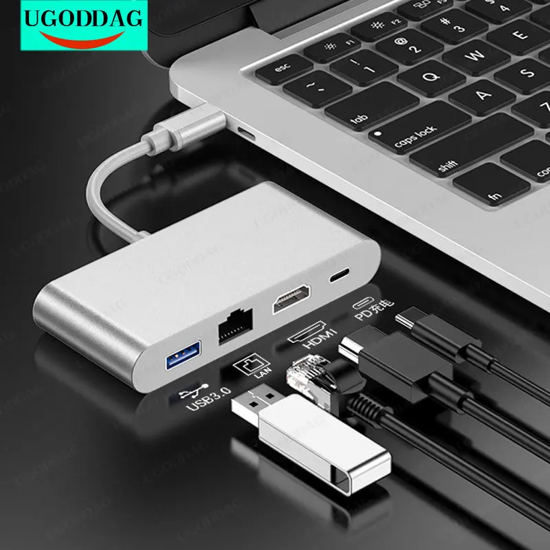 

Адаптер Ethernet Type C Thunderbolt 3-HDMI, совместимый со стандартами Lan, RJ45, USB 3,0, для MacBook Galaxy S8, S9, Huawei Mate10
