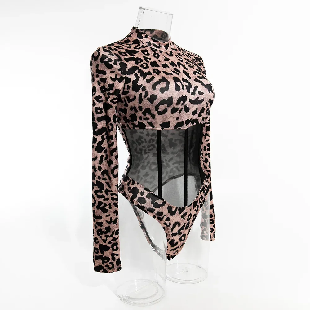 Leopard Print Women Mesh Bodycorn Bodysuit Long Sleeve Sexy Stand Colloar Body Femme