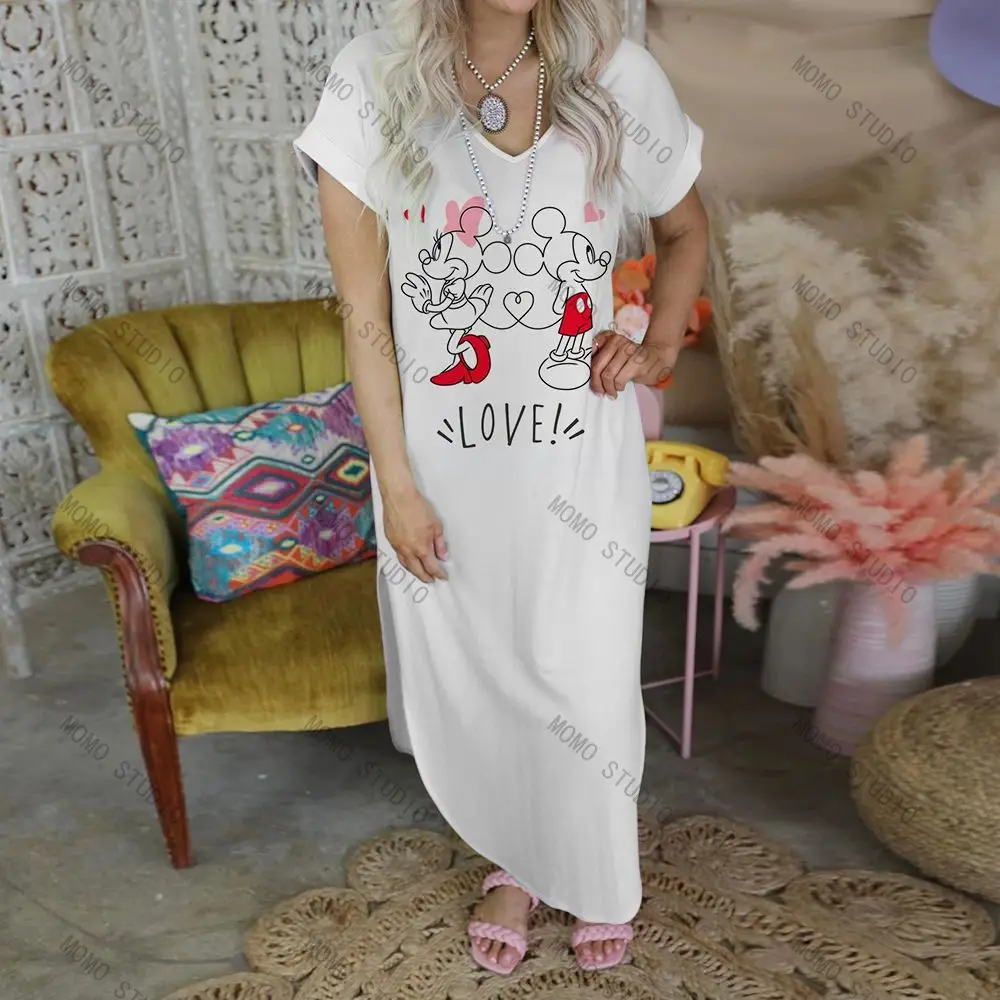 Leisure Sexy Dress Disney Casual Summer Women's Dresses V-Neck Long Minnie Mouse Maxi Cartoon 2022 Mickey Y2k Clothes Robe Woman images - 6