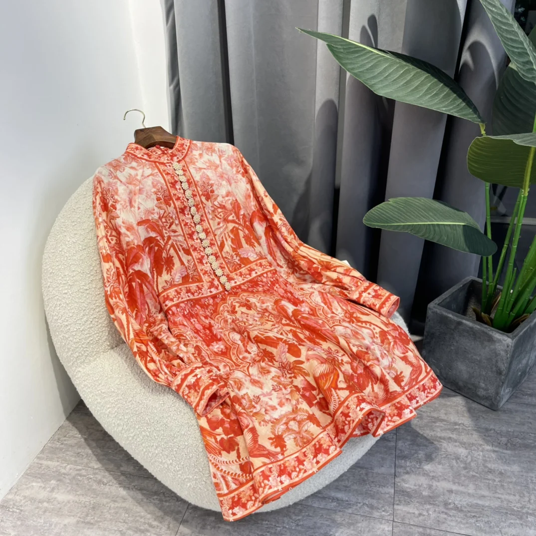 

High Quality Linen 2022 Cheery Tangerine Palm Tree Floral Scenery Printing Unique Buttons Indie Folk Designer Mini Dresses Women