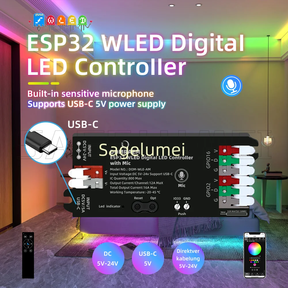 Фото DOMRAEM WLE-AM ESP32 поддерживает WS2811/2812B/2814/2805 иc работает с цифровым контроллером светодиодных лент HA/MQTT/AlexaWLED с микрофоном USB-C №2