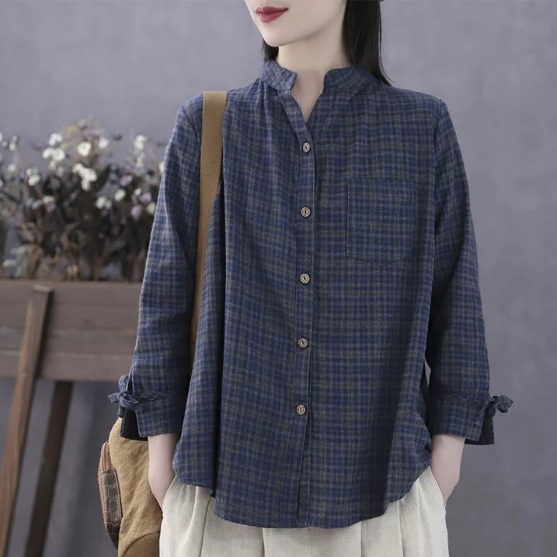 

Vintage Early Autumn Checked Shirt Women Long Sleeve Slouchy Stand Up Collar Lace Up Wear Age Reducing Versatile Blouse Coat