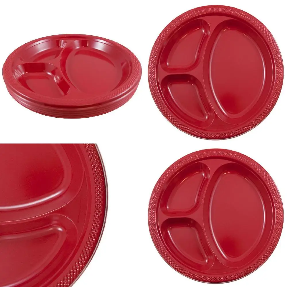 

Get Ready to Serve in Style with Our Sleek, Large Red Plastic Divided Plates. Ten-Point-Two-Five Inch, 20/Pack.
