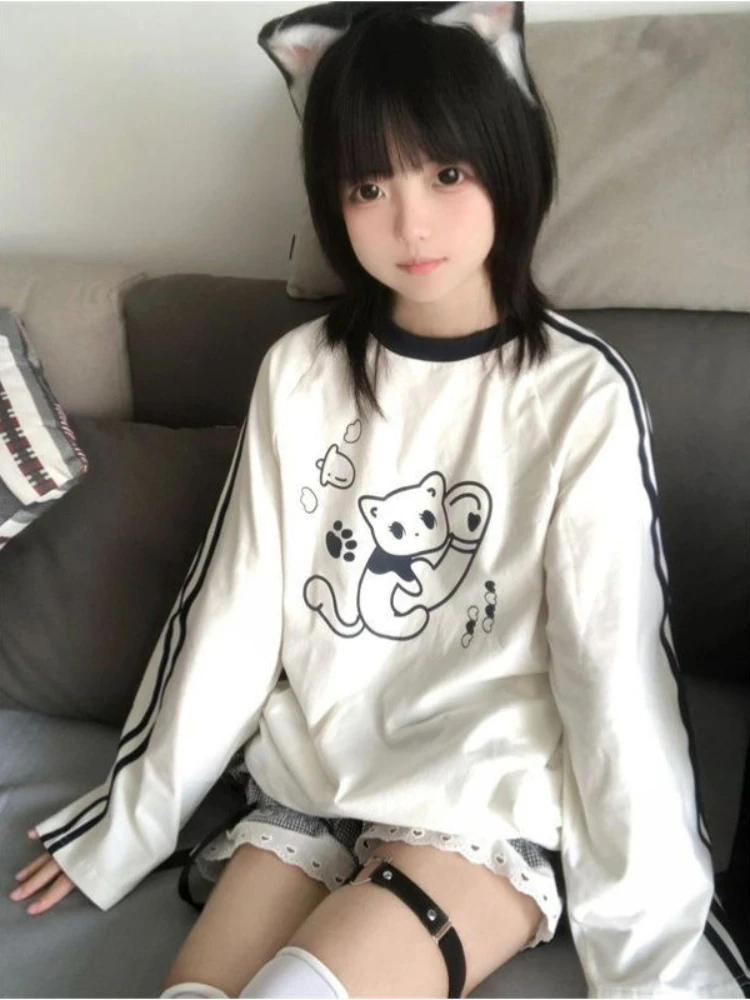 

ADAgirl White Cat Print T-shirts for Women Stripe Long Sleeve Cotton Tees Oversized Streetwear Japanese Fashion Spring Clothes