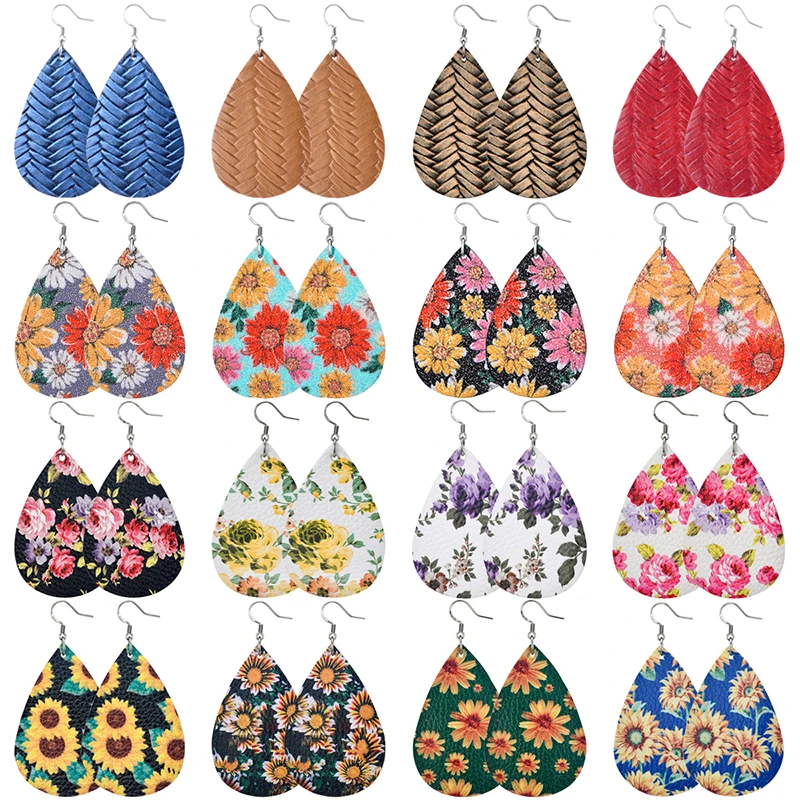 

PU Leather Sunflower Print Leather For Women Girls Faux Rattan Pattern Leather Lightweight Teardrop Dangle Earrings Wholesale