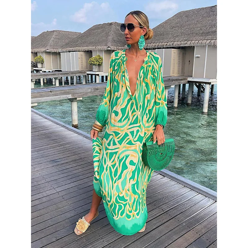 

Women Sexy Deep V-Neck Maxi Dresses Bohemian Lantern Sleeve Printed Long Dress Female Vintage Holiday Loose Beach Cover Up Robe