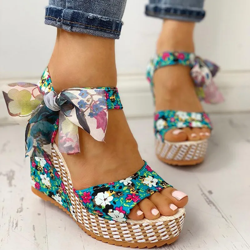 

Women Summer Wedge Sandals Female Floral Bowknot Platform Bohemia High Heel Sandals Fashion Ankle Strap Open Toe Ladies Shoes