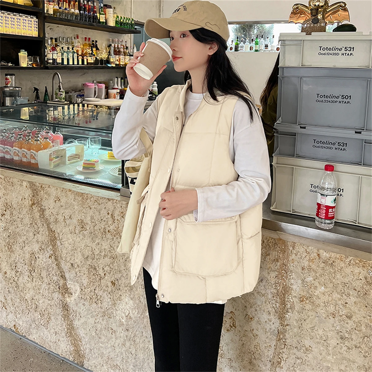 Autumn and Winter 2022 New Korean Waistcoat Women's Round Neck Down Cotton Vest Waistcoat Waistcoat Loose Oversize Jacket