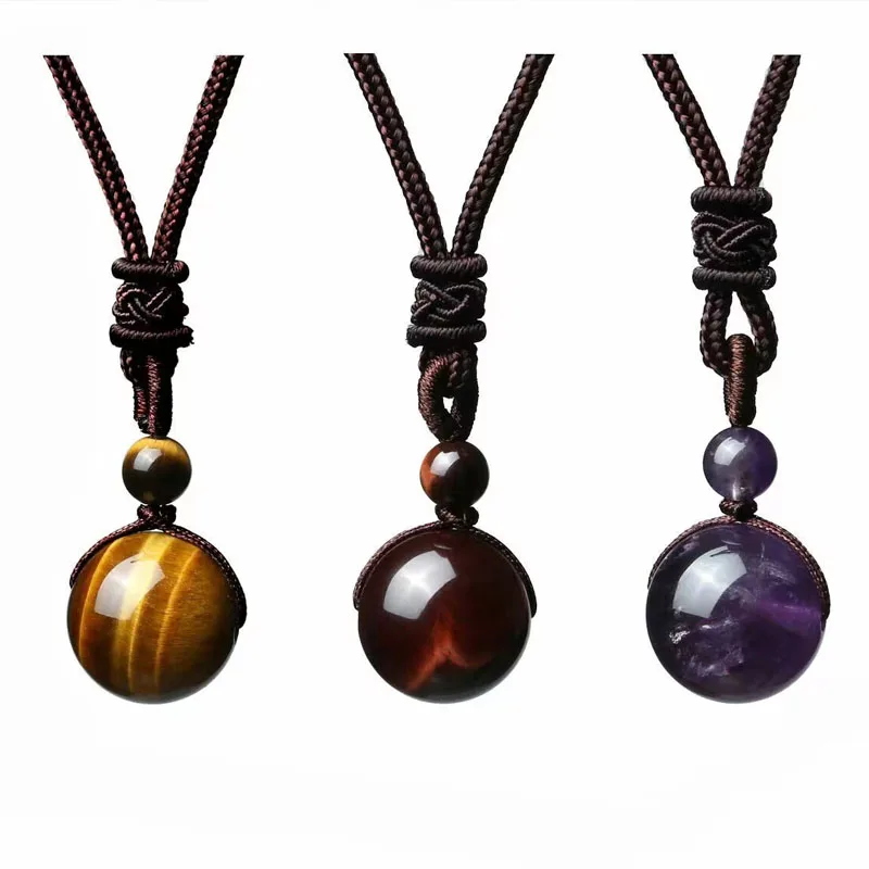 

2023 New 16MM Tiger Eye Stone Pendant Necklace Natural Obsidian Pendant Amethyst Necklace Jewelry Gift for Men and Women