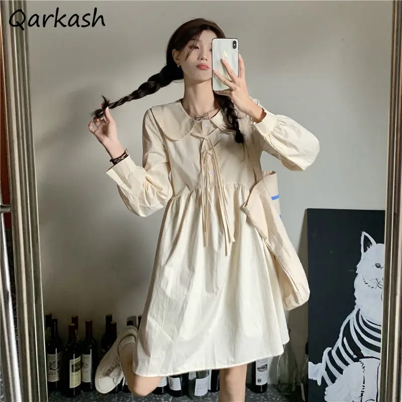 

Женские платья в студенческом стиле, платья с круглым воротником, популярное Новое поступление, однотонные Модные женские вечерние свободн...