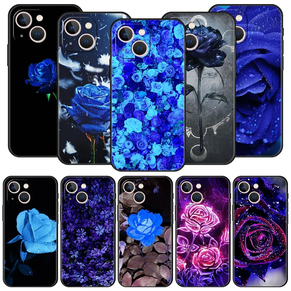 

Blue Rose Flower Luxury Phone Case For iPhone 11 12 13 Pro Max Mini X XR XS 7 8 Plus SE 2020 Soft Silicone Black Cover Fundas
