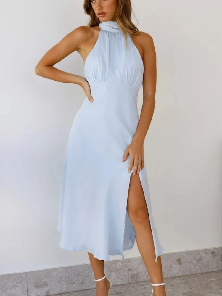 

France Vintage Elegant Office Lady Dress Halter Collar Korea Party Midi Dress Women Backless Sexy Casual Beach Dress Summer 2022
