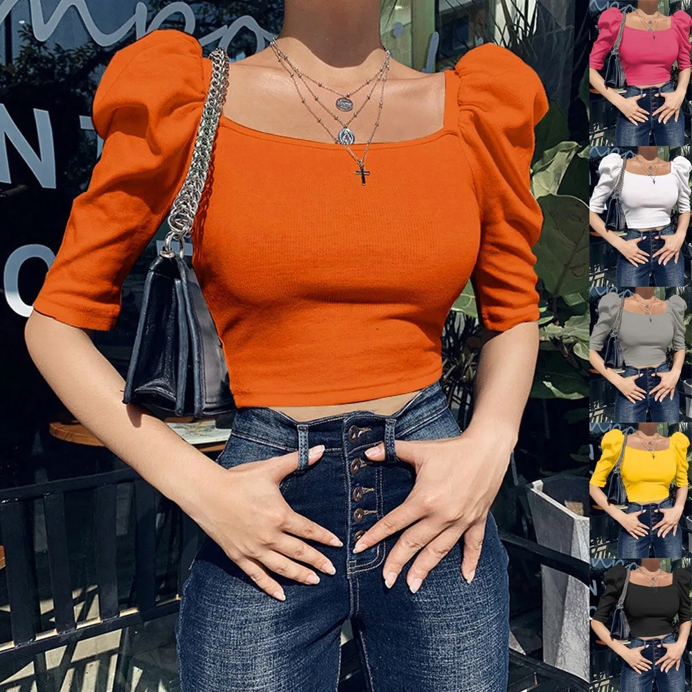 

2022 women's spring new women's clothing simple square neck puff sleeve top women's short sleeves
